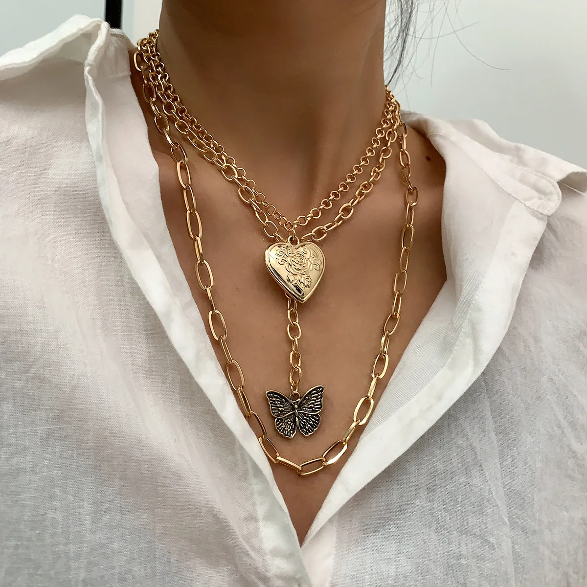 

Punk Hip Hops Gold Silver Plated Multilayer Paperclip Chain Heart Pendant Necklace Statement Butterfly Pendant Necklace, Picture color