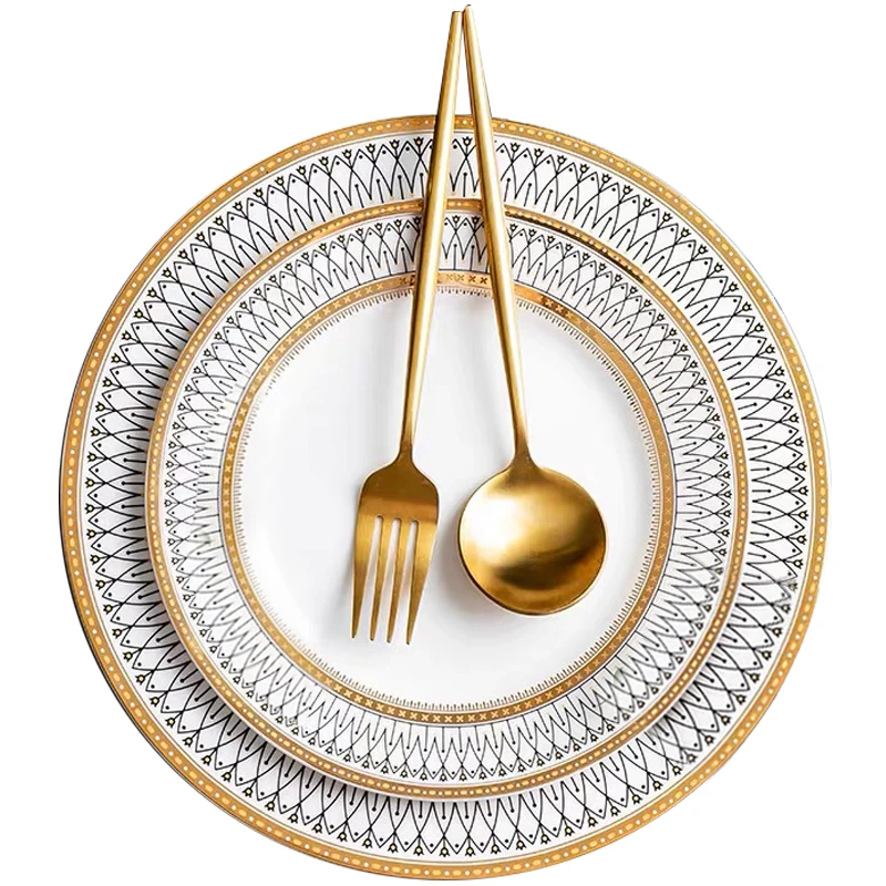 

Nordic style Western Hotel Tableware set Household Bowl Dish Steak Plate with golden rim