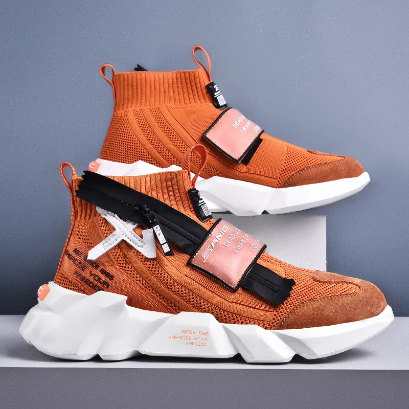 

Fashion design high elastic flying woven fabric non-lace sports shoes, Orange red,black,white orange