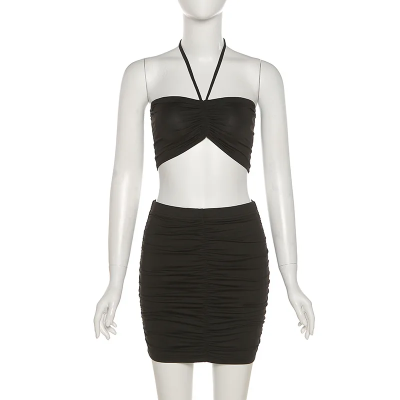 

Halter Crop Top With Pleated Solid Color Short Skirt Set