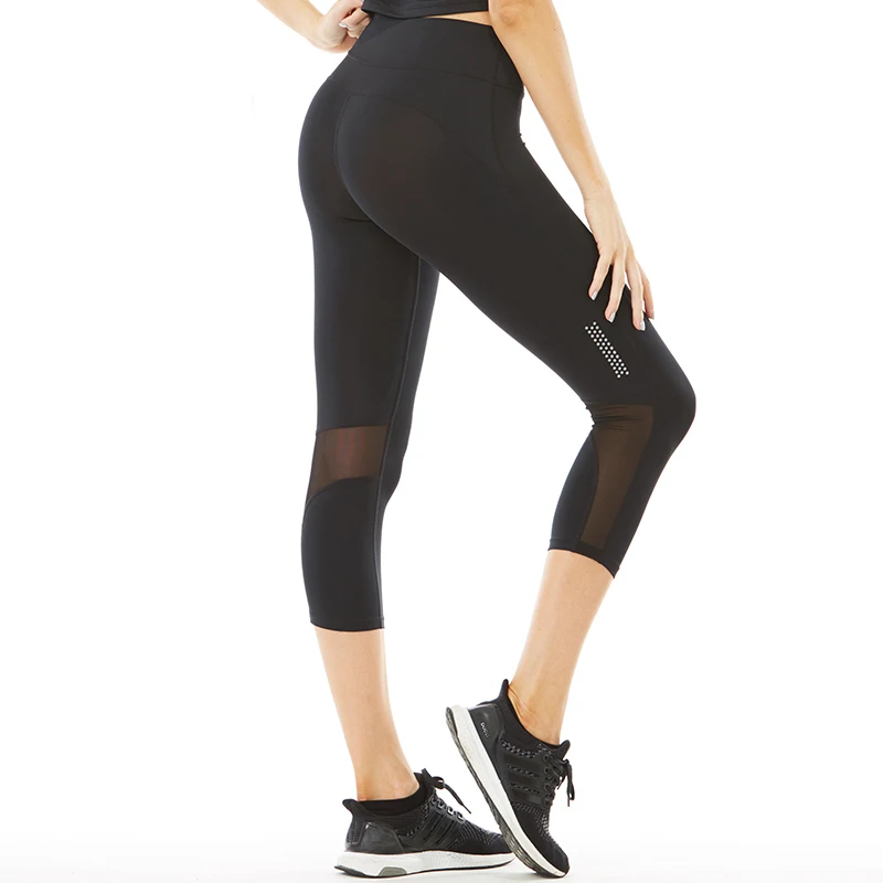 

3/4 length plain stretch biker women's fashion leggings with mesh, Black, blue