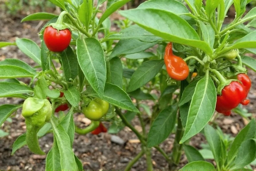 Fresno red pepper plants growing in garden with red and green peppers visible