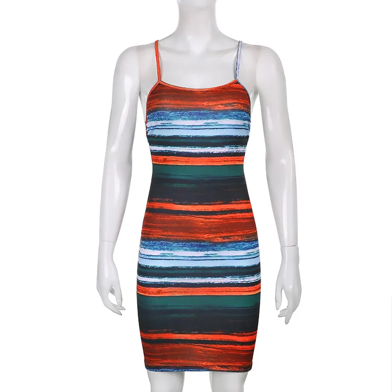 

Wholesale striped letter printed spaghetti strap bodycon dressSummer European and American sexy women's striped print contrast