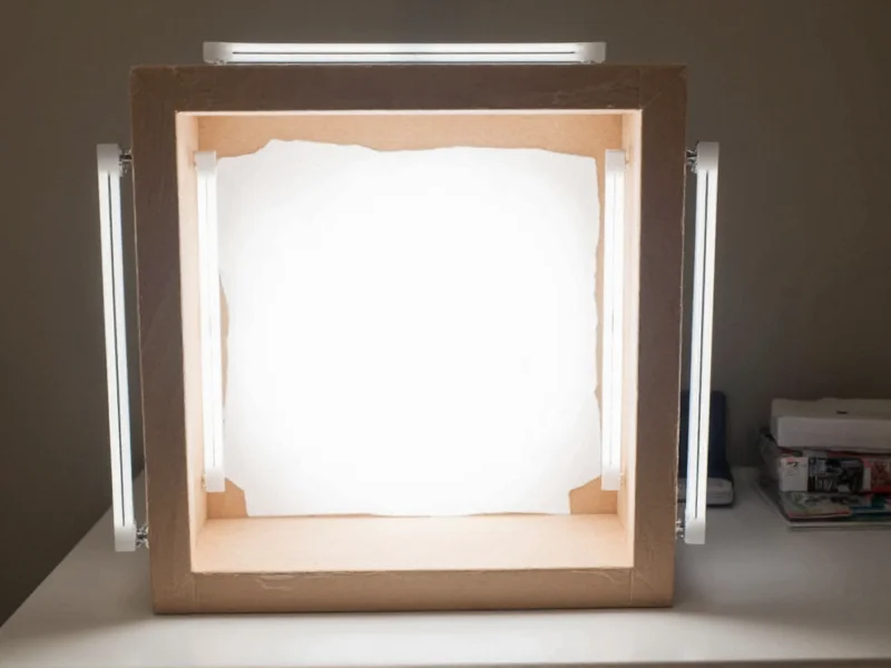 DIY light box construction showing foam board frame with LED strips