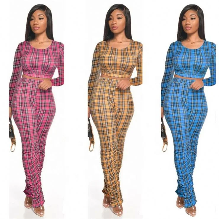 

Fashionable Casual Skinny Draped Grid Print Sexy 2 Pcs Track Suit Outfits Two Piece Set Women Clothing For Women