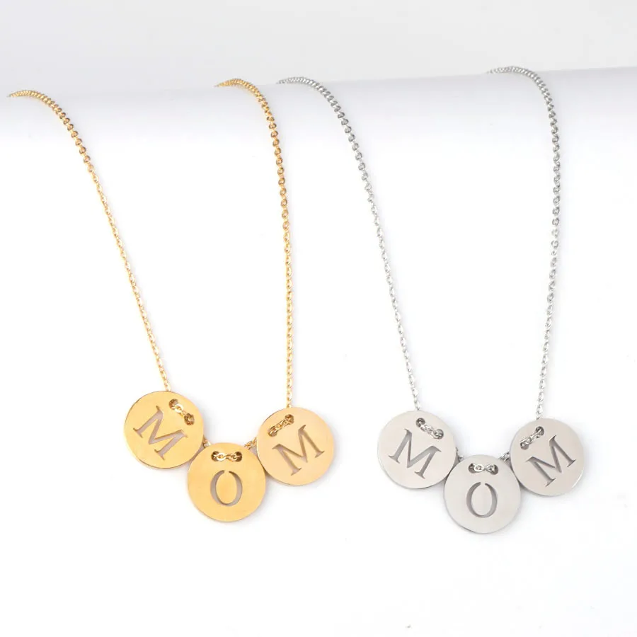

Mom alphabet necklace mirrored stainless steel round alphabet pendant Mother's Day gift necklace, Gold