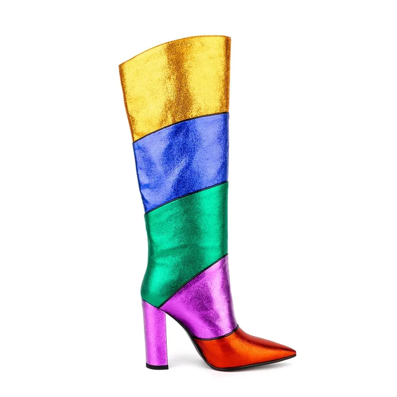 

Banquet Botas New Design Ladies Chunky Heels Rainbow Long Boots Women Colorful Pointy Toe Slip On Block Heels Mid Calf Boots