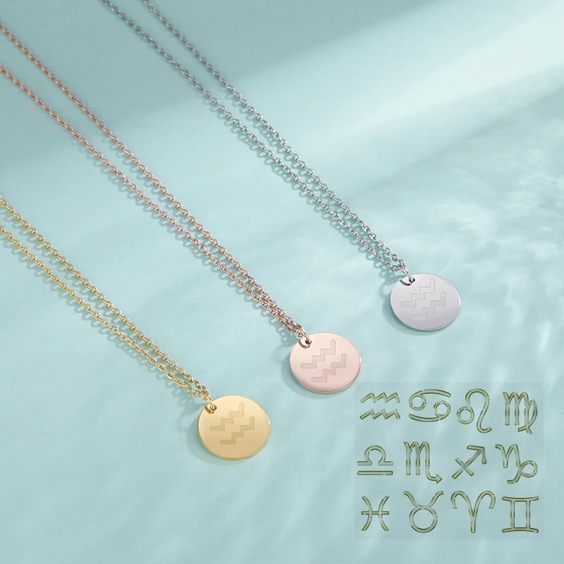 

Custom 18k Gold Stainless Steel Zodiac Coin Jewelry Necklace Laser Wholesale High Quality Zodiac Symbol Circle Necklace Vertical