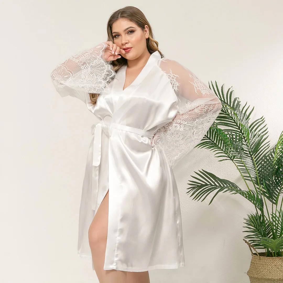 

New Arrival deep women's v-neck satin robes lace long sleeves plus size slit gowns and robes, Picture shows