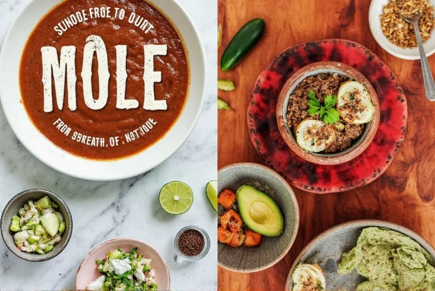 Final plated mole dish with chicken and rice