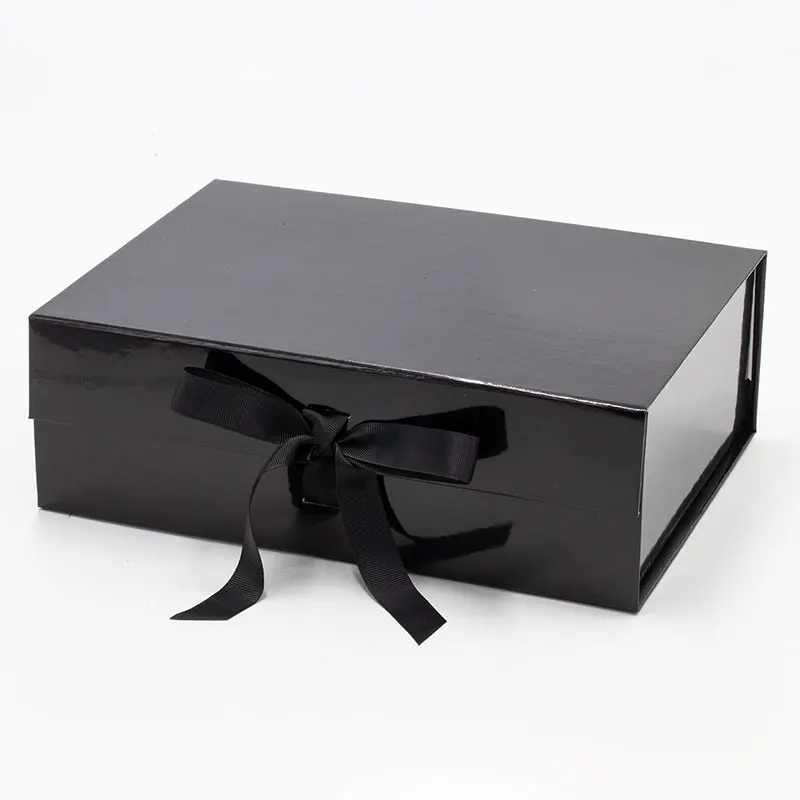 

Luxury a4 deep glossy lamination black foldable gift box packaging with magnetic lid