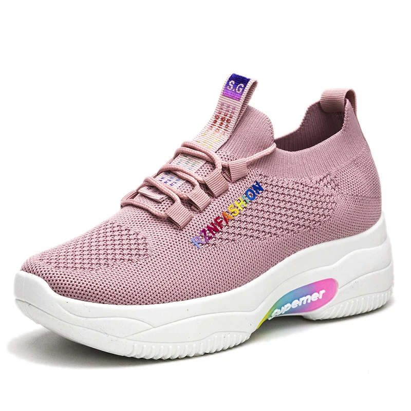 

New ladies casual sports shoes flying woven breathable thick bottom fashion trend all match height increasing shoes white Sneake, As the picture shows