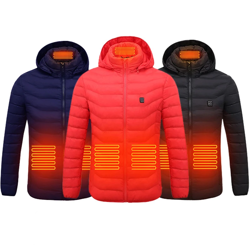 

Winter Men And Women USB Rechargeable Smart 4 Heating Zones Waterproof Long Sleeve Hoodie Warming Cotton Heated Jacket, Black/ blue/ red