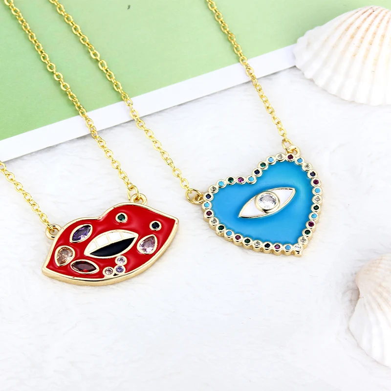 

Trendy Street Style Enamel Rhinestone Eye Heart Lips Pendant Necklace Cute Fashion Love Heart Gold Chain Necklace for Women, Picture