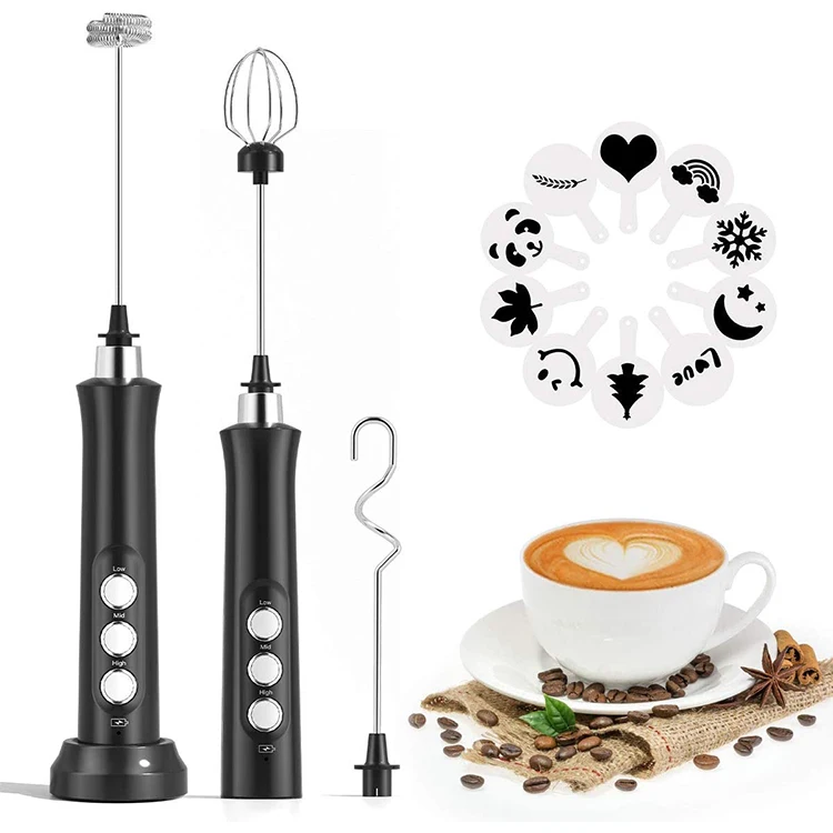 

USB Rechargeable Milk Frother Handheld Electric Foam Maker with Stainless Whisk 3 Speed Foam Maker