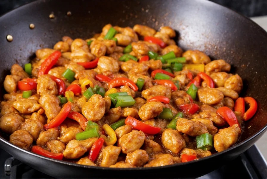 Authentic Chinese pepper chicken stir-fry with vibrant bell peppers and glossy sauce in wok