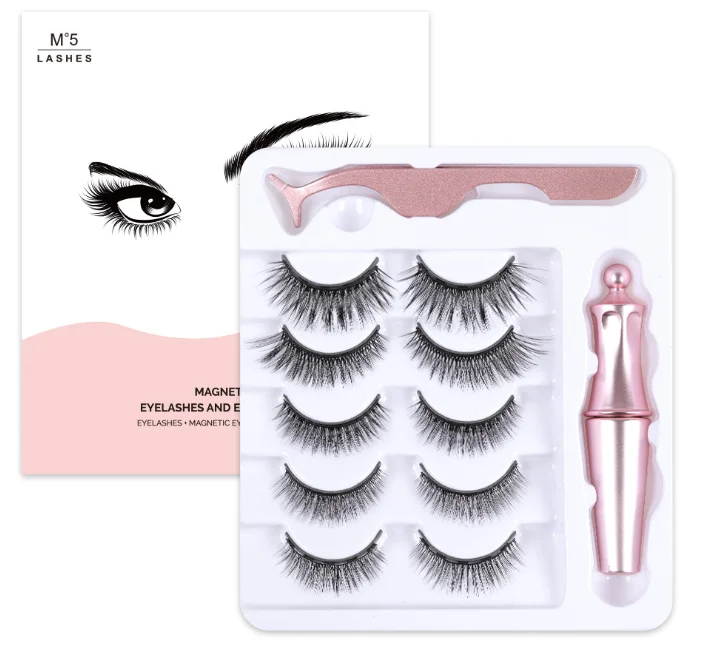 

High Quality 25mm 30mm 3D Fluffy 100% mink Eyelash 5 Pairs Eyelash Set Magnetic Eyelashes, Black color