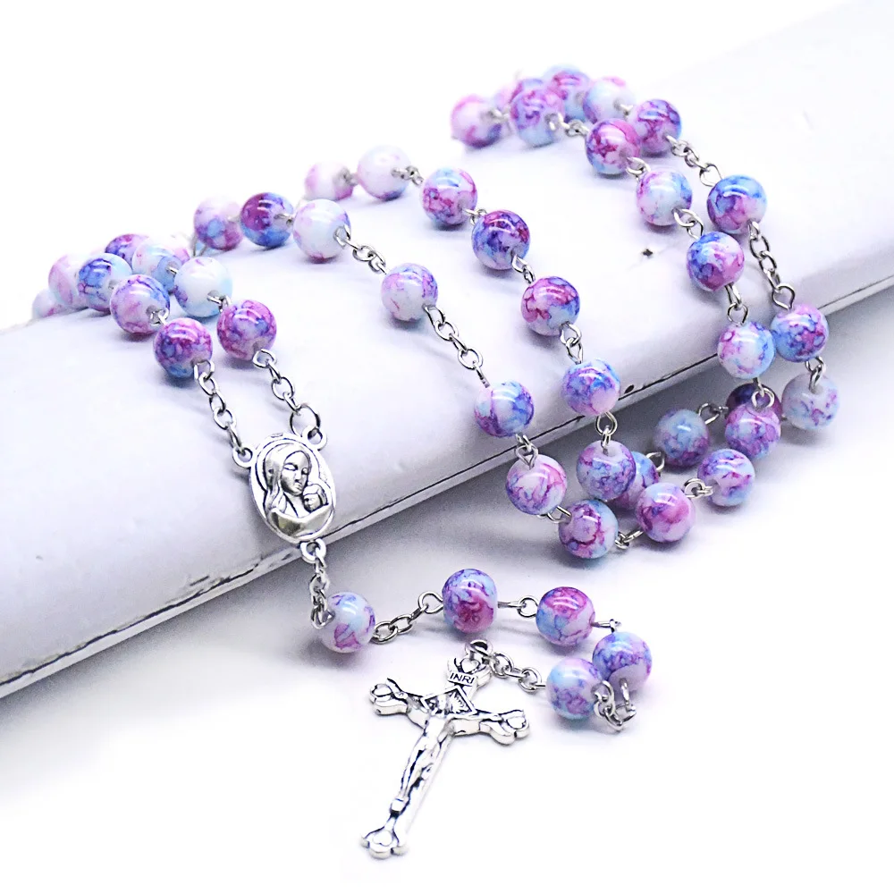 

2021 Komi Wholesales Purple Glass Beads Jewelry Handmade Necklace Cross Pendant Rosary Necklace