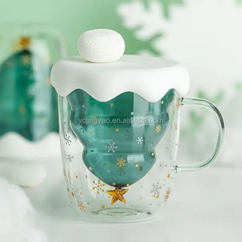 

Christmas Decorative Tree Glass Cup Creative Transparent 300ML Snowflake Double Layer Glass Mug 3D Wine Glasses with Lid, Clear transparent