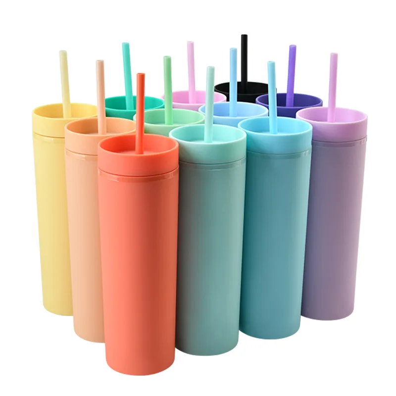 

16oz High Quality Unbreakable Double Wall Plastic Cups with Lids and Straws acrylic tumbler with straw bulk, Matte color