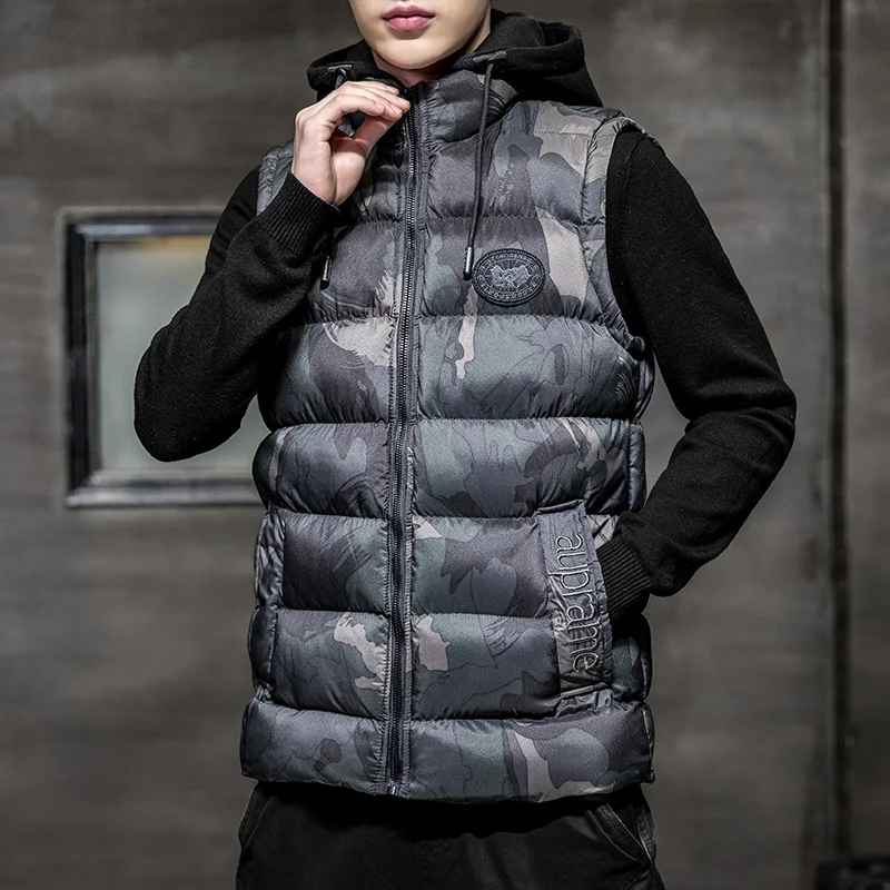 

men's puffer sleeveless bubble fake down padded jackets with hooded puffy Bomber Waistcoats For Men Uniform Army Printed vests