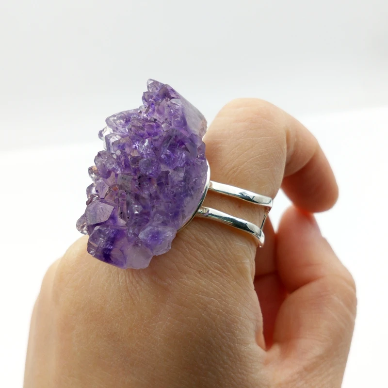 

natural Raw Druzy Amethyst Ring Stone Jewelry February Birthstone Stone Boho geode Mens Jewelry Statement Gold Cuff Ring Men