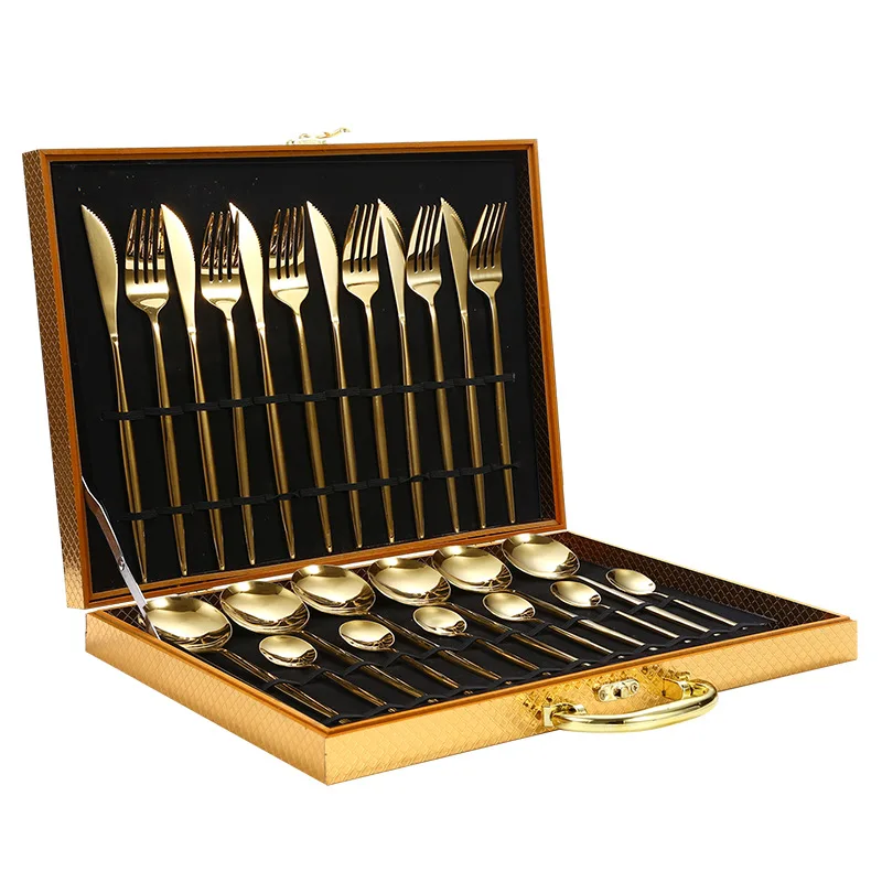

Picnic Outdoor Travel Luxury 24pcs Pink Gold Plated Stainless Steel Cutlery Custom Flatware Set With Wood Case, As pictures shown