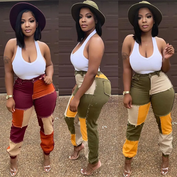 

ladies high quality denim jeans trousers high waist patched jeans pant women streetwear