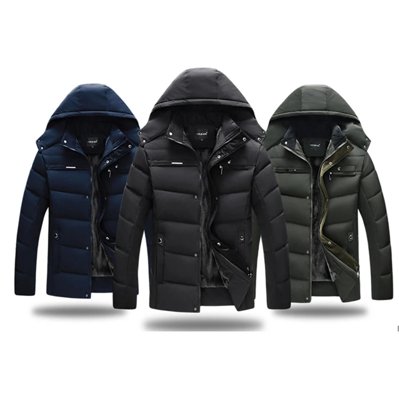 

High Quality Stylish Business Men's Simple Hooded Winter Warm Plus Size Luxury Black Jacket Coat, Navy blue, military green, black