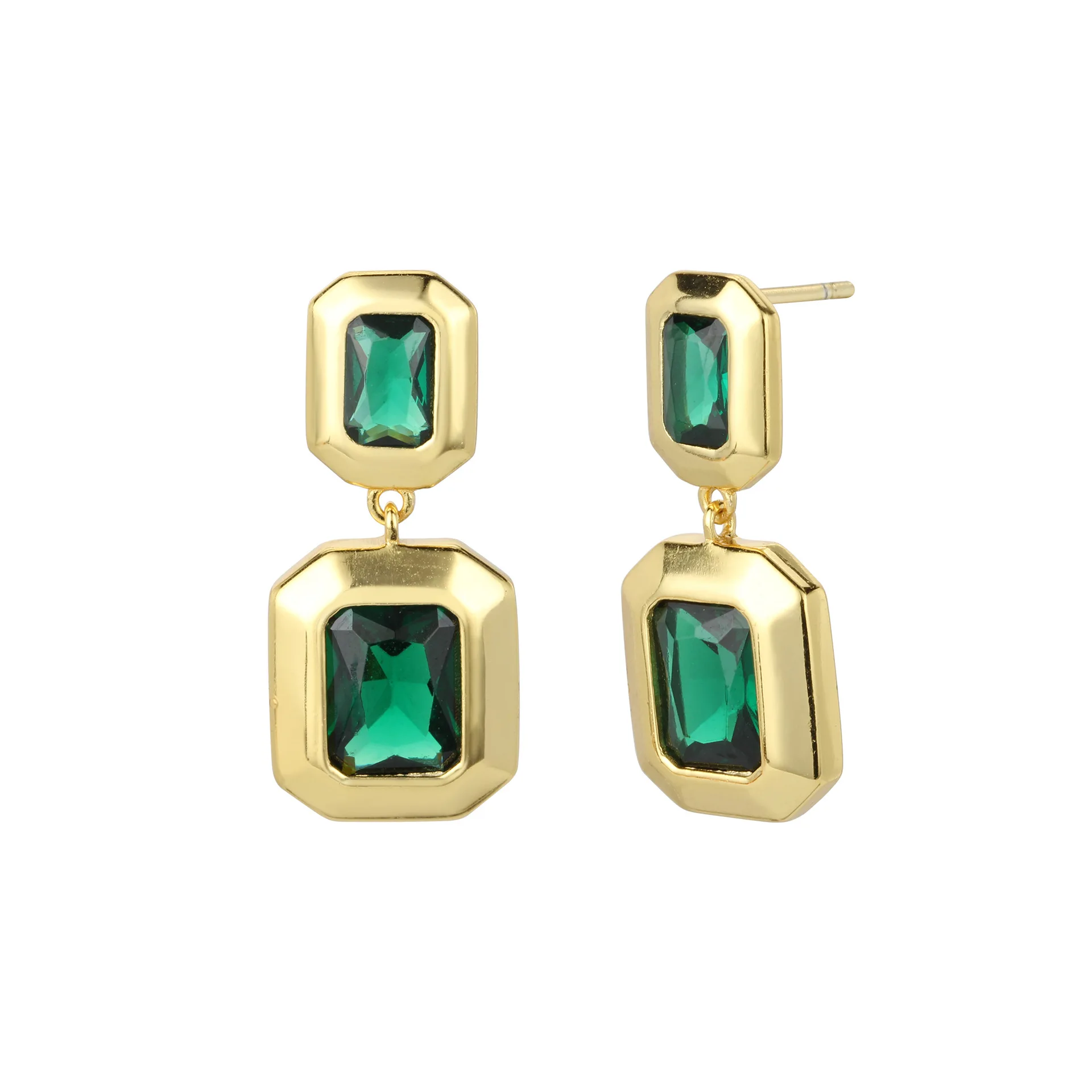 Fashion Jewelry 925 Sterling Silver square Emerald Green Zircon Drop Pendant Gold Plated Stud Earrings Jewelry for Women