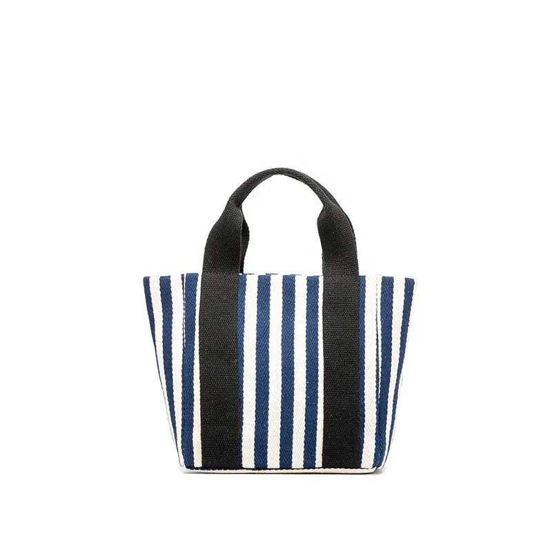 

Fashion vertical stripes short hand strap compact portable canvas bag for girls