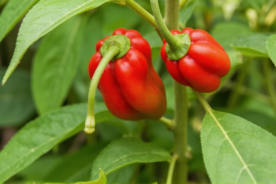Close-up of angry pepper plant showing mature red peppers growing on bush with characteristic wrinkled skin and tapered tail