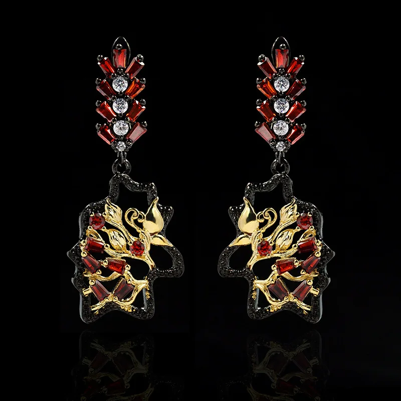 

Antique Designs KYED0432 Earrings Antique Gold Plated Red 3A Zircon Earrings for Women, Black