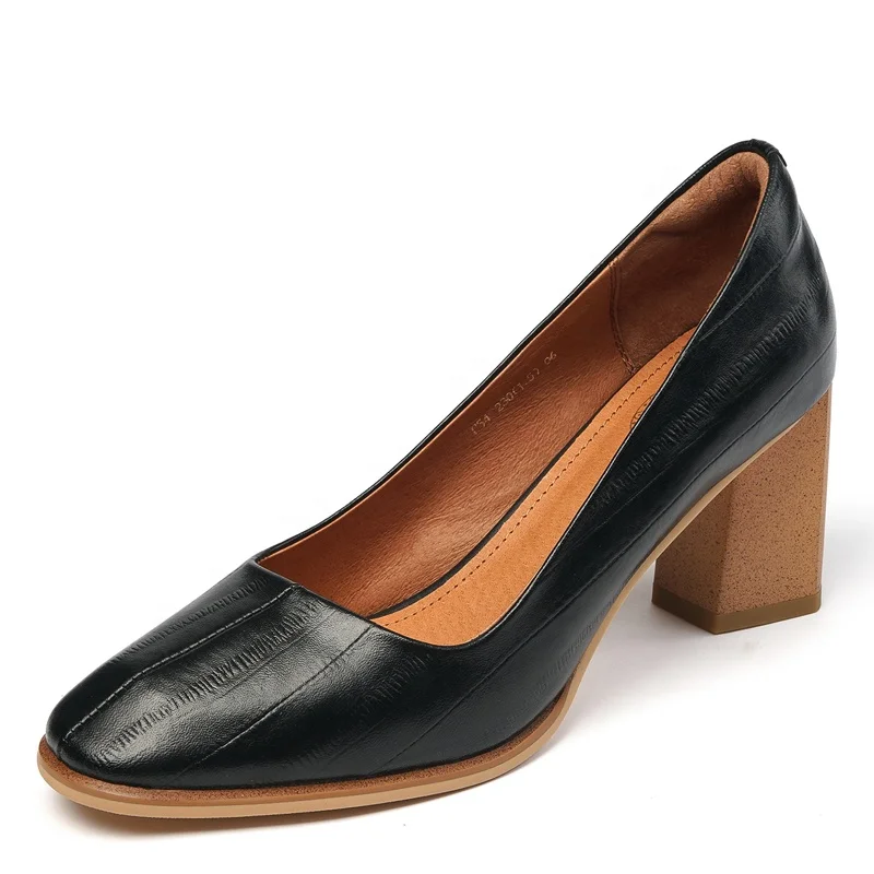 

New arrivals genuine leather high heels ladies open shoes high quality square heel elegant women shoes pumps