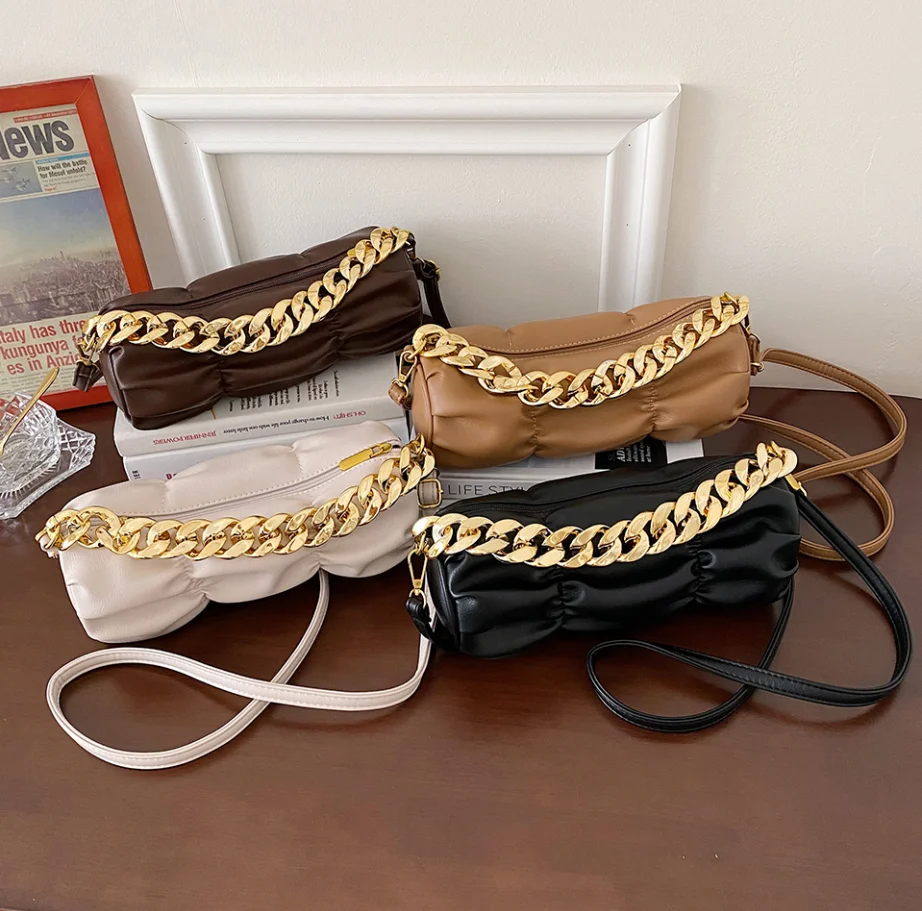 

Korean Style Roll Shape Soft Leather Fashion Women Bags New Arrivals Fall 2021 New Handbags With Chain, 6 colors