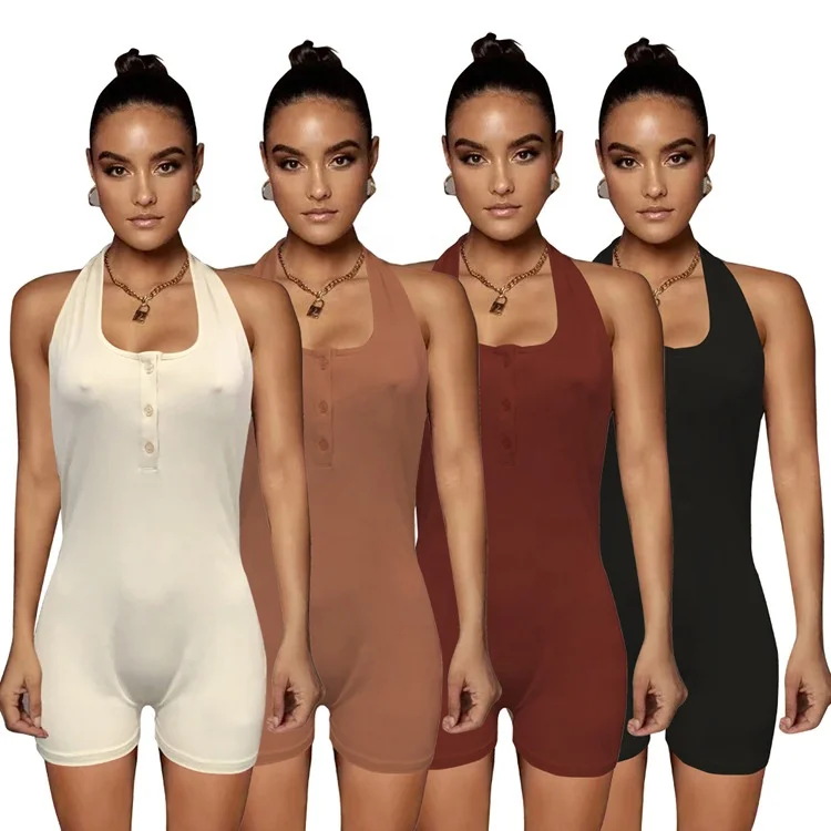 

Amazon hot sale ladies new fashion casual suit sexy hollow halter strap sleeveless ribbed one-piece suit, As picture show