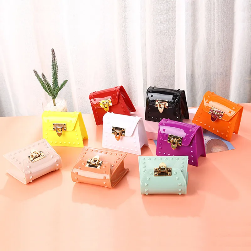 

Fashion mini kid rivet lock chain bags girl purse pvc handbag women, 10 colors
