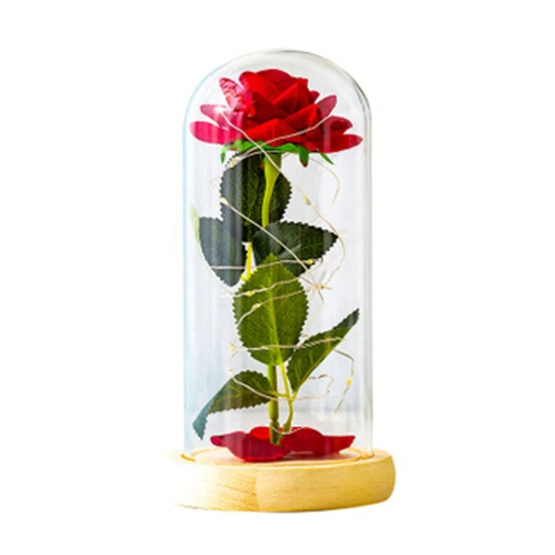 

New Products Red Rose Artificial Flowers Glass Dome Valentine's Day Flower