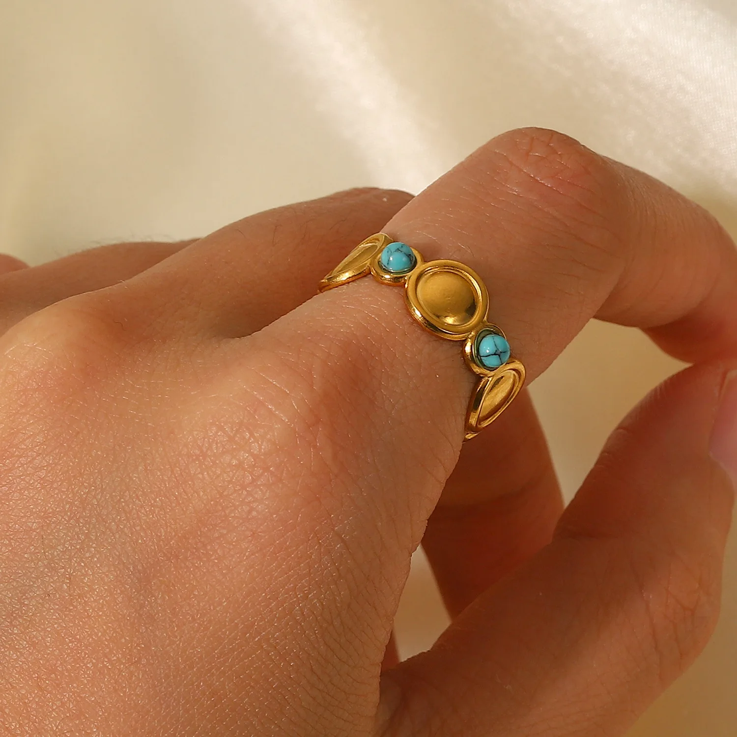 

New 2022 Trendy Natural Turquoise Stone Stainless Steel Summer Bohemia Woman Cheap Open Finger Ring