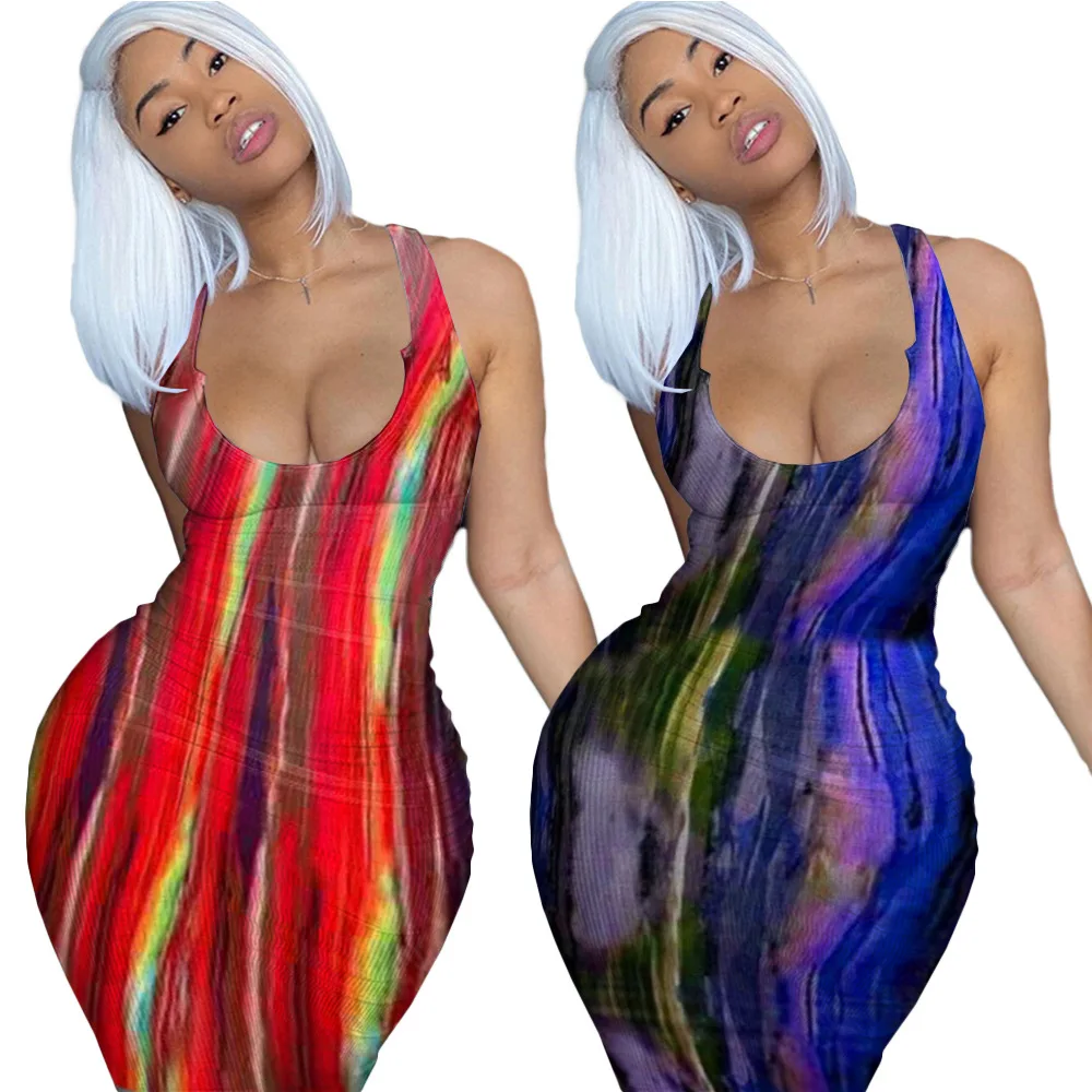 

Wholesale 2021 casual plus size tie dye fashion dresses bodycon U neck sleeveless long maxi dress for women, Photo color