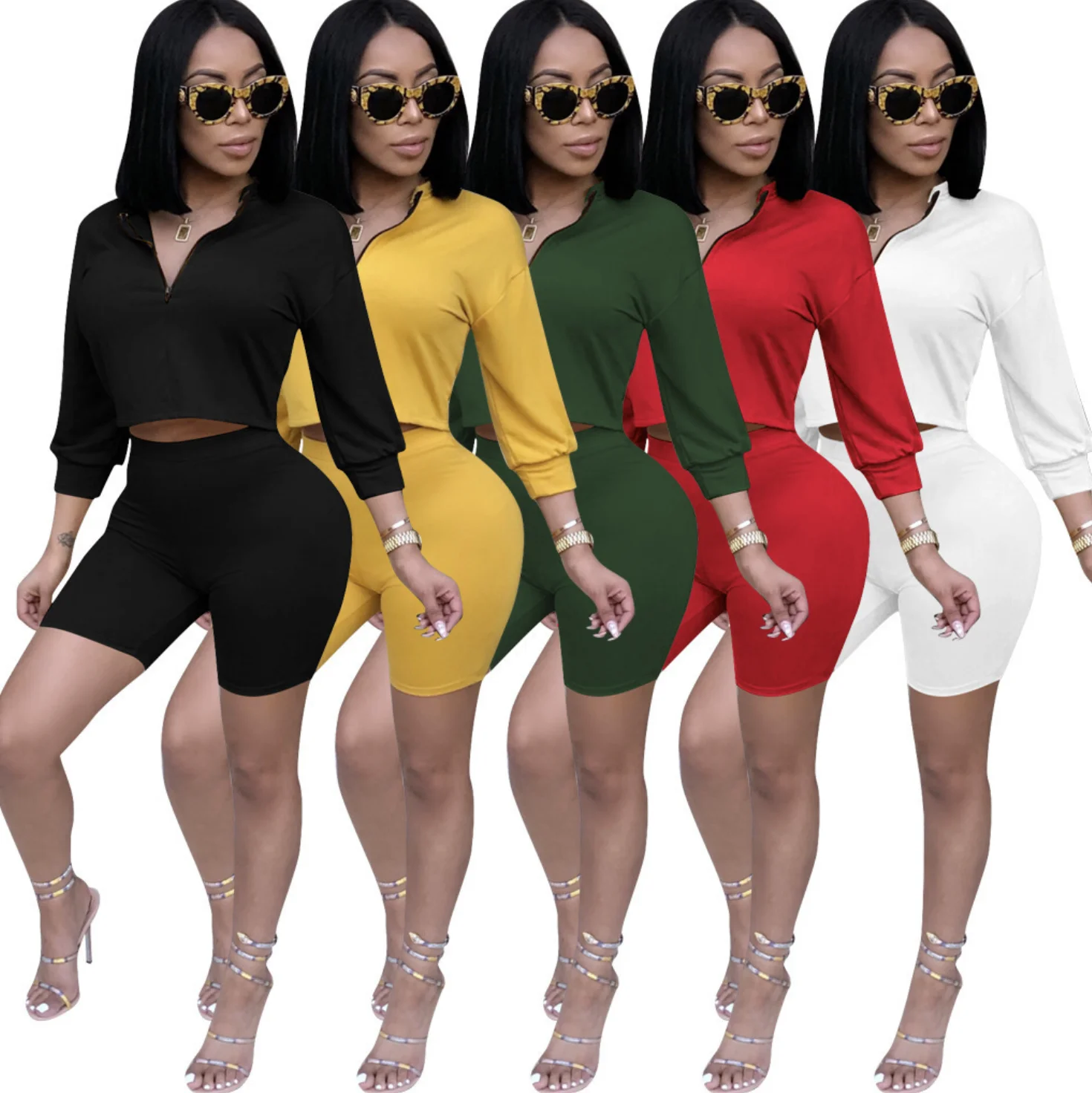 

2021 New Fashion plain color zipper collar sweatshirt and high waist hot shorts fitness women 2 piece sets, Picture color