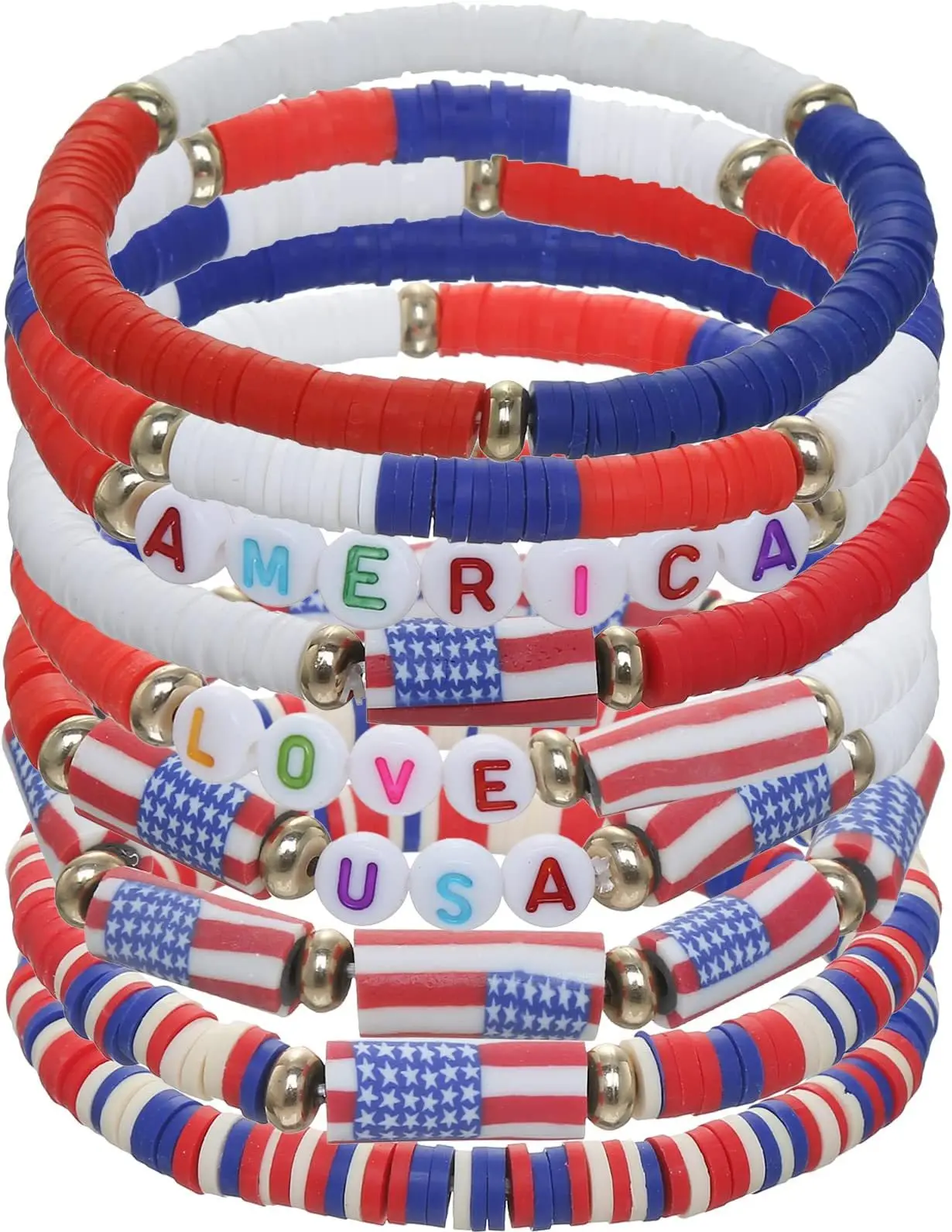 

Independence Day Polymer Clay Bracelet USA Flag Red White Blue With Love Letters Bracelets