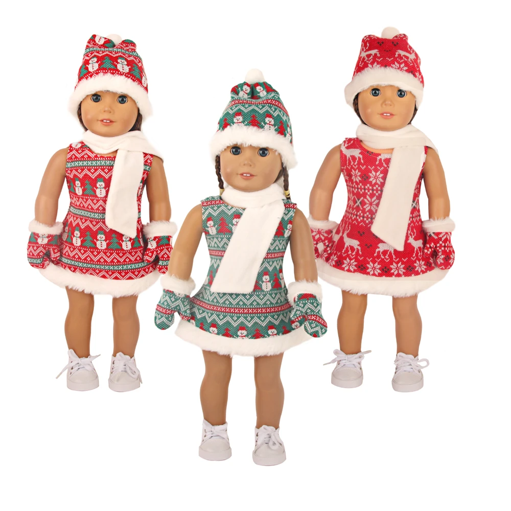 

2023 Christmas Dress Sweater Outfit Hat Scarf Gloves Toy Clothing Accessories Clothes for Dolls 18 inch American Doll