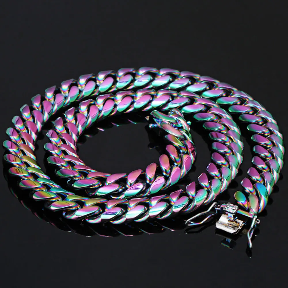 

stainless steel rainbow colorful color hip hop chunky cuban link thick chain chunky choker necklace jewelry for men women unisex