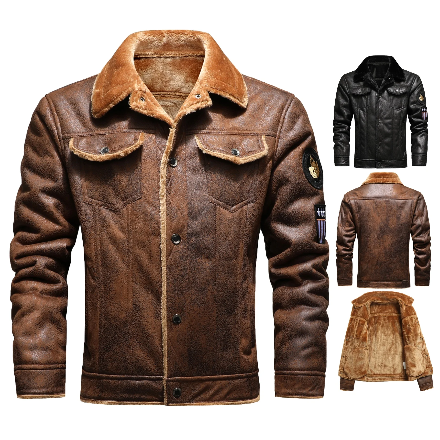 

men's hot selling plus size solid color pu leather jacket with fur, Customized color