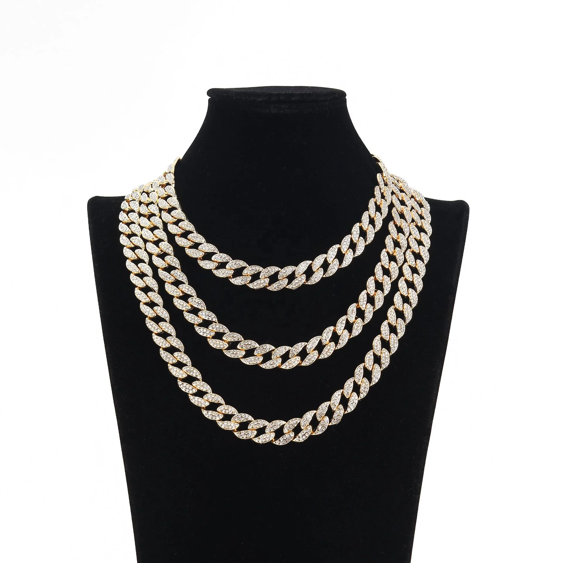 

New Trendy Hiphop Style Men Cool Iced Out BlingBling Crystal Cuban Link Chain Necklace with Rhinestone, Gold/silver