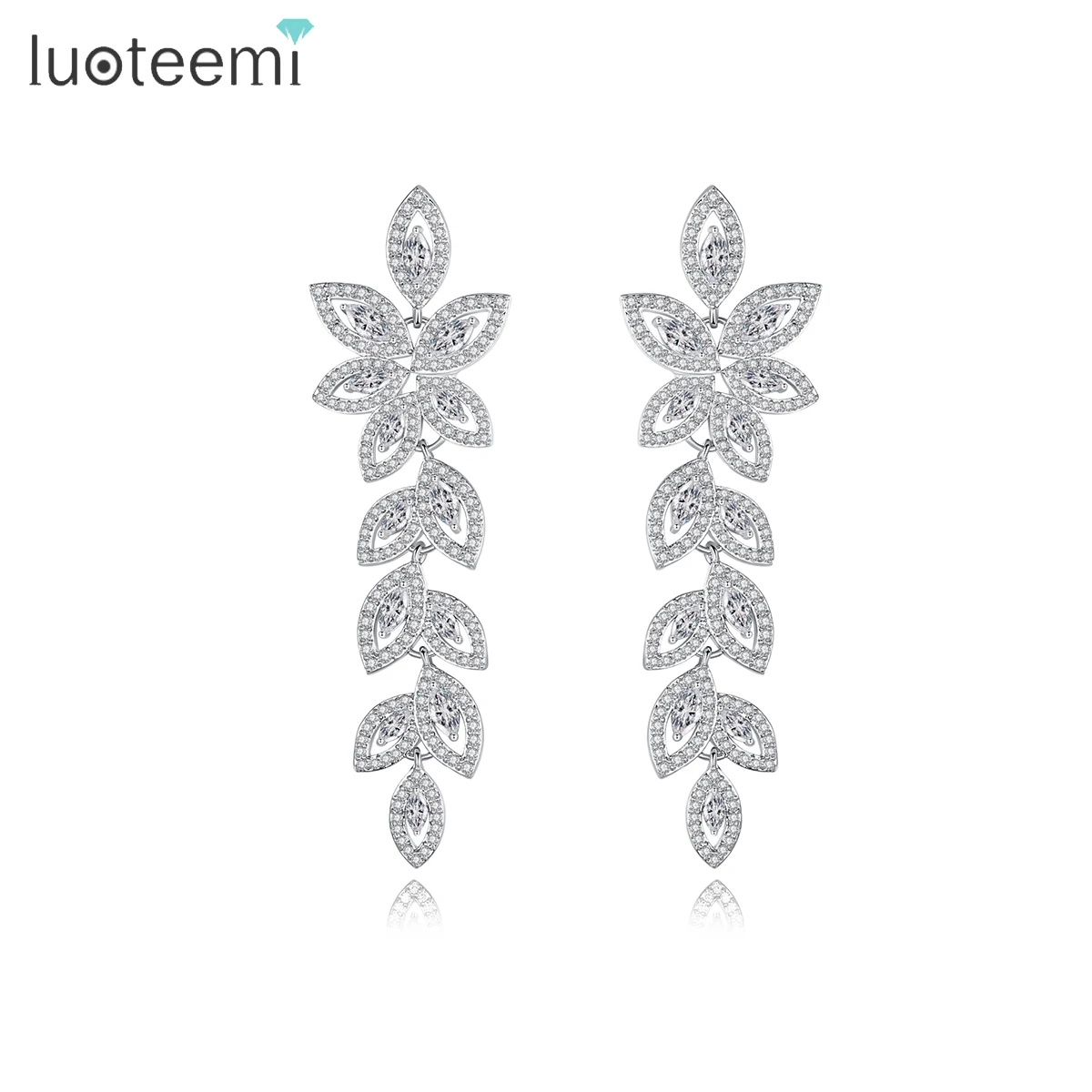 

LUOTEEMI Wedding Jewelry Boho Earring Full Crystal Rhinestone Loog Drop Leaf-Shape Bridal Jewelry Earrings