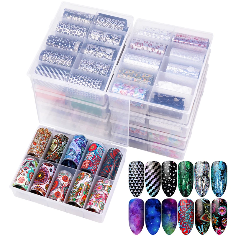 

10Pcs/Box Holographic Nail Foil Set Mix Designs Flower Leopard Transfer Sticker Laser Glitter Nail Decal Nail Art Decorations