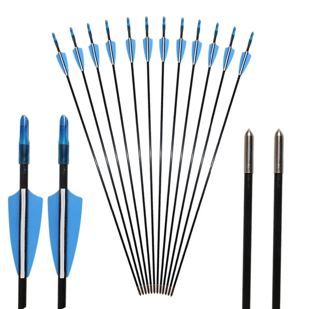 

6mm fiberglass arrow archery target arrows shooting glass fiber arrows with 2 blue 1 white feathers