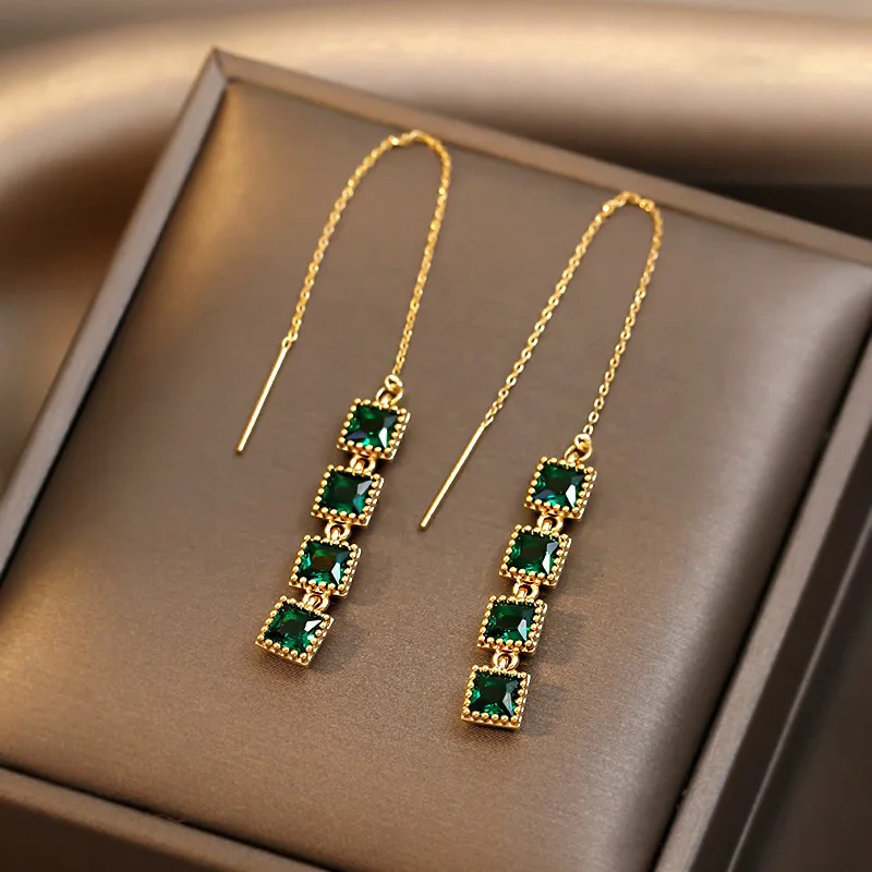 

Kaimei Korean emerald diamond square long tassel ear line 2021 summer new retro long zircon dangle copper wire earrings women, Many colors fyi